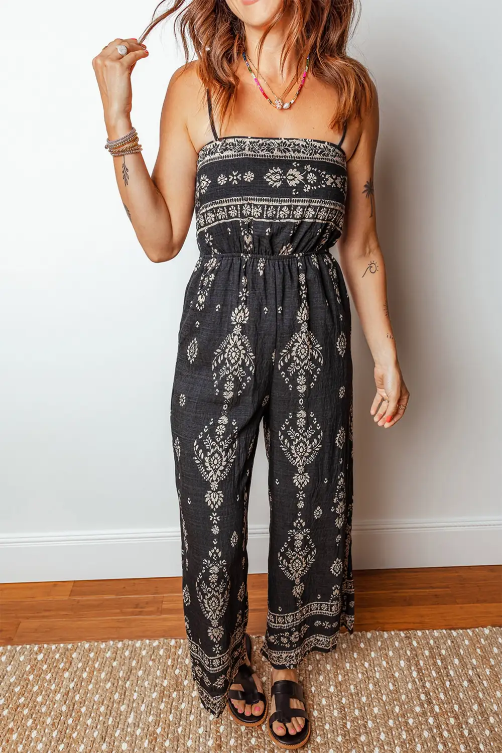 Spaghetti Straps Elastic Waist Loose Ethnic Print Jumpsuit