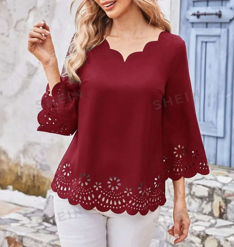 Women's Scallop Cut Out V-Neck Blouse