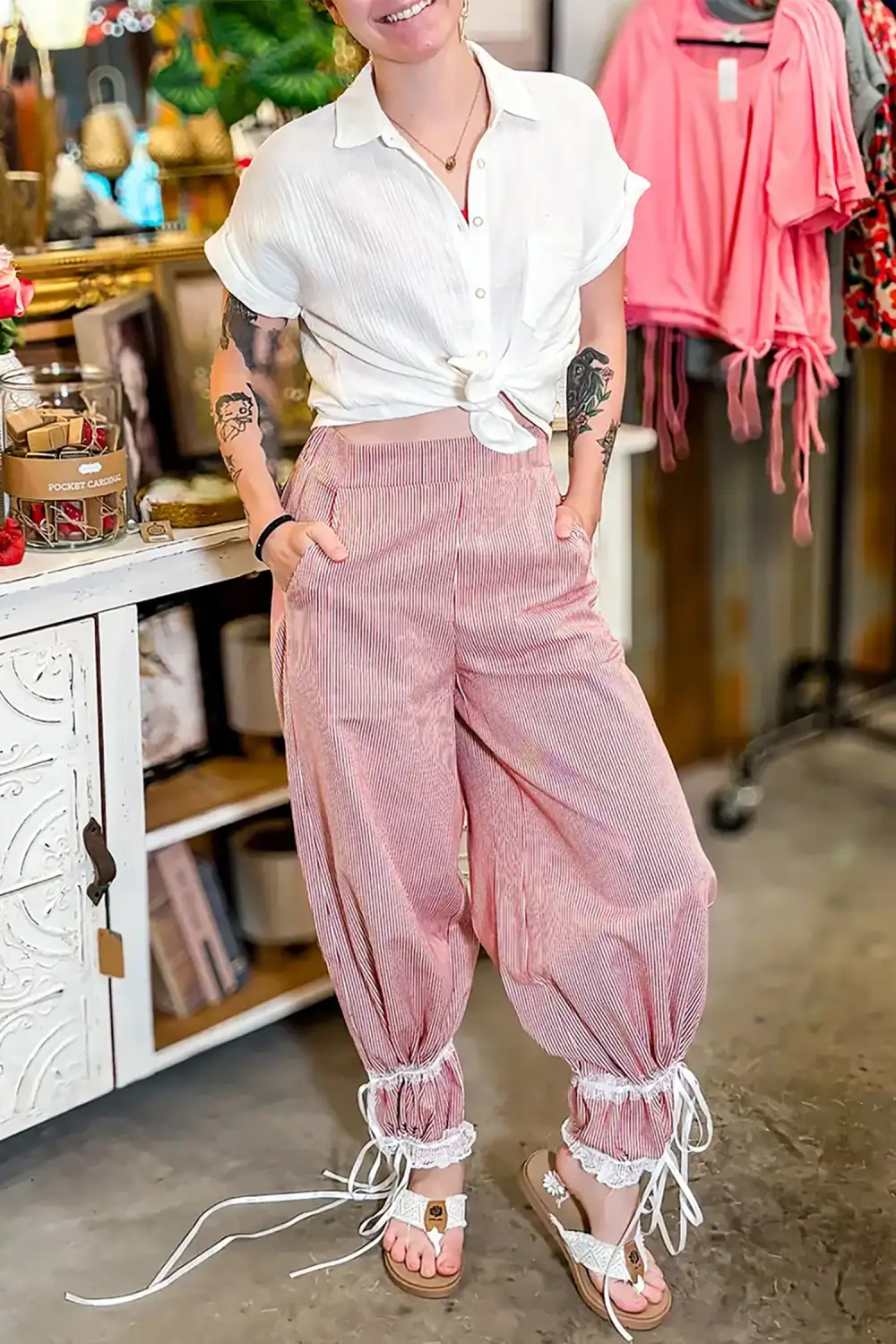 Contrast Lace Ribbon Tie Detail Wide Leg Pants