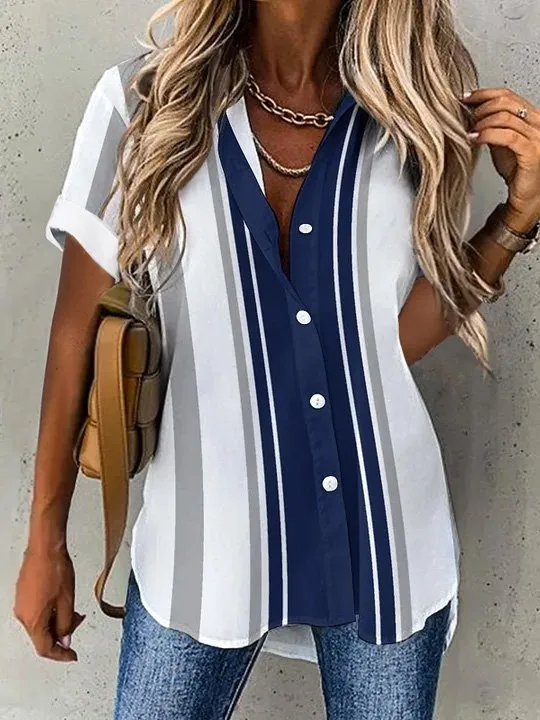 Shirt Collar Casual Loose Striped Blouse