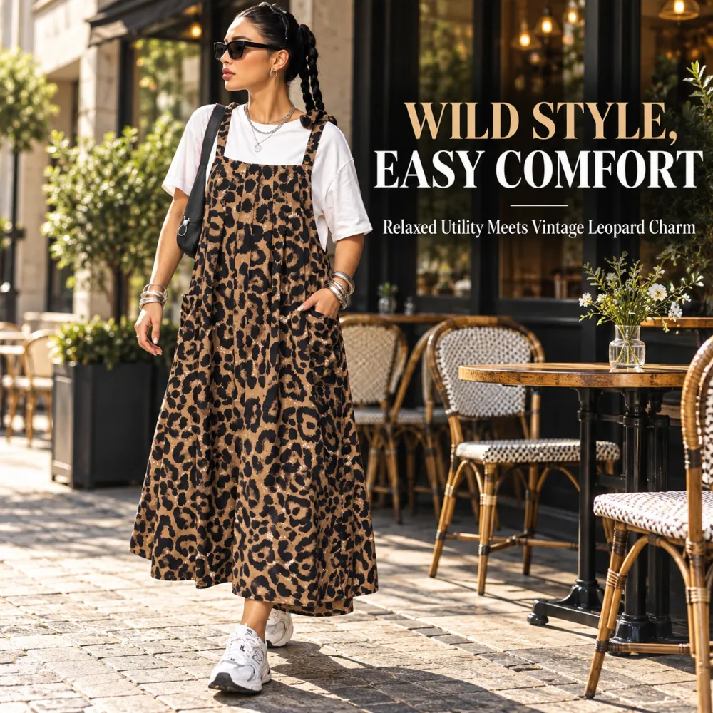 Plus Size Vintage Leopard Print Long Dress Suspender Skirt