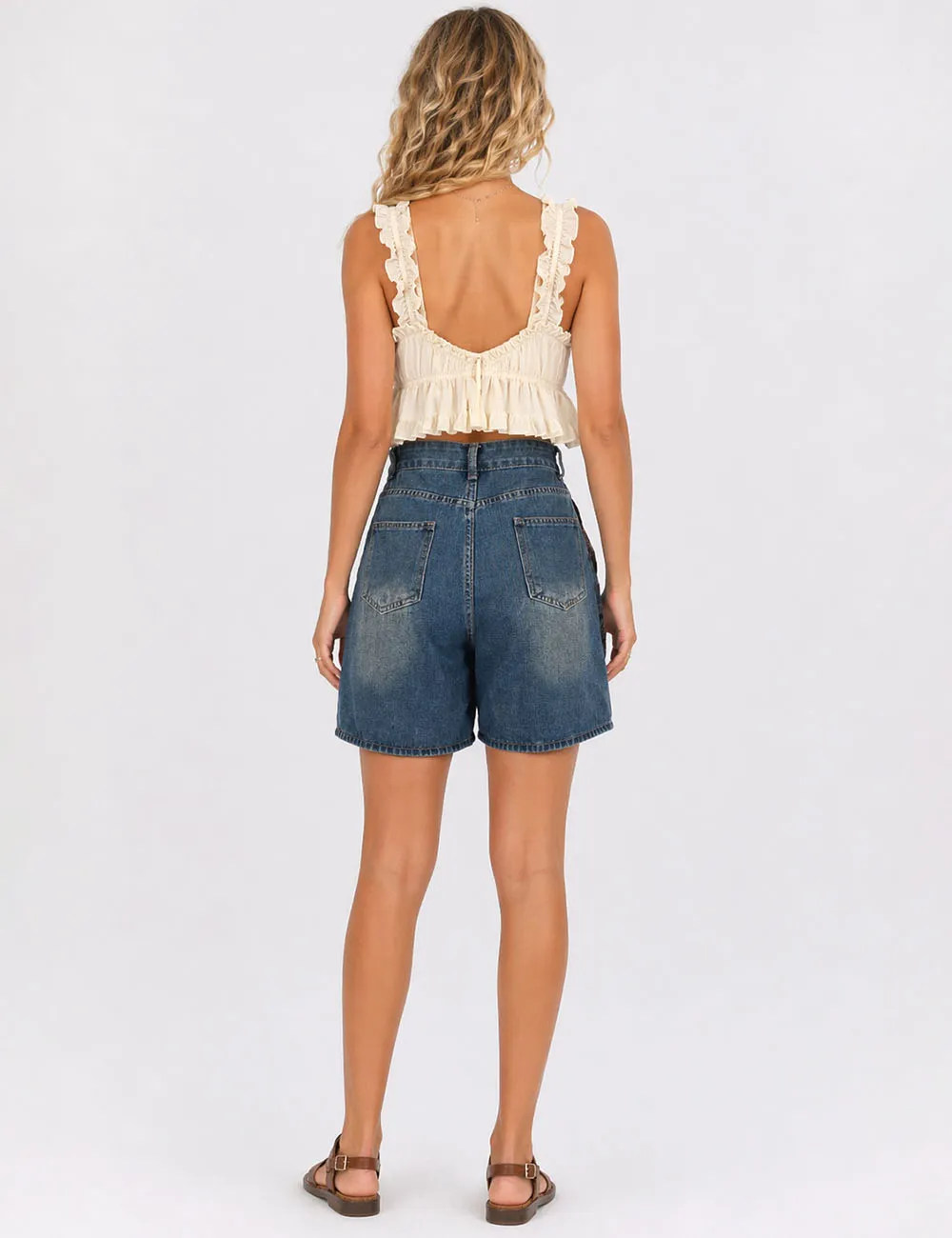 Plaid Lace Patchwork Wide Leg Denim Shorts
