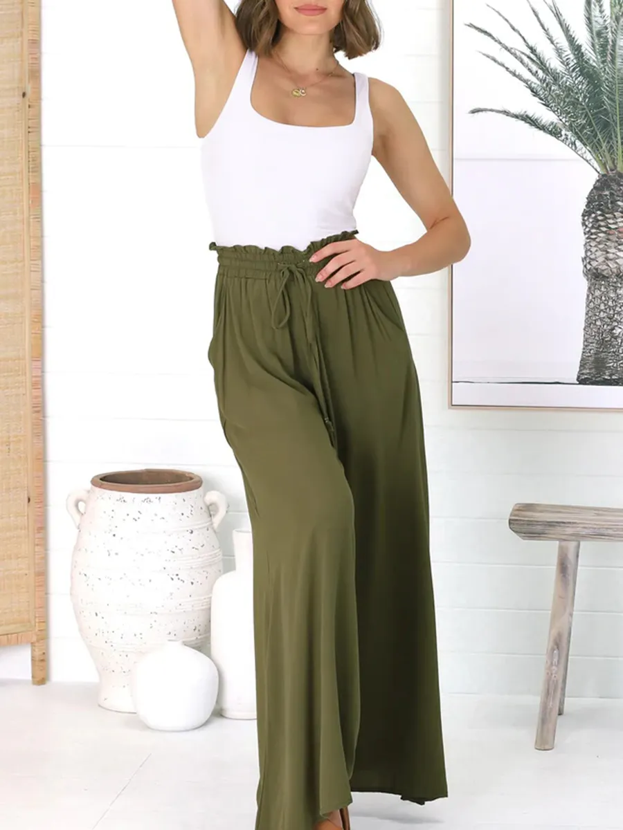 Army green cotton hemp vacation pants wide-leg pants