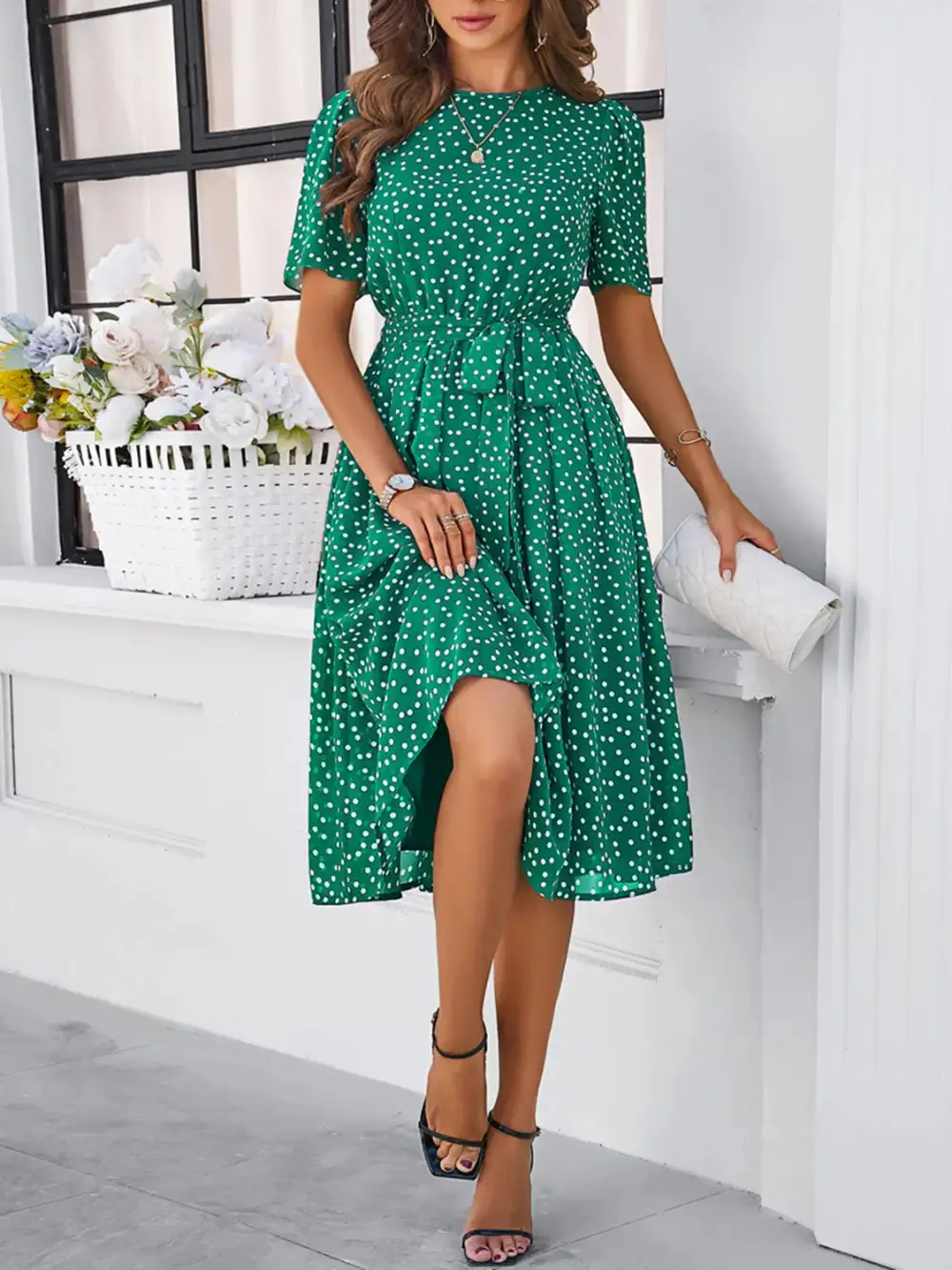Printed Round Neck Short Sleeve Casual Dress