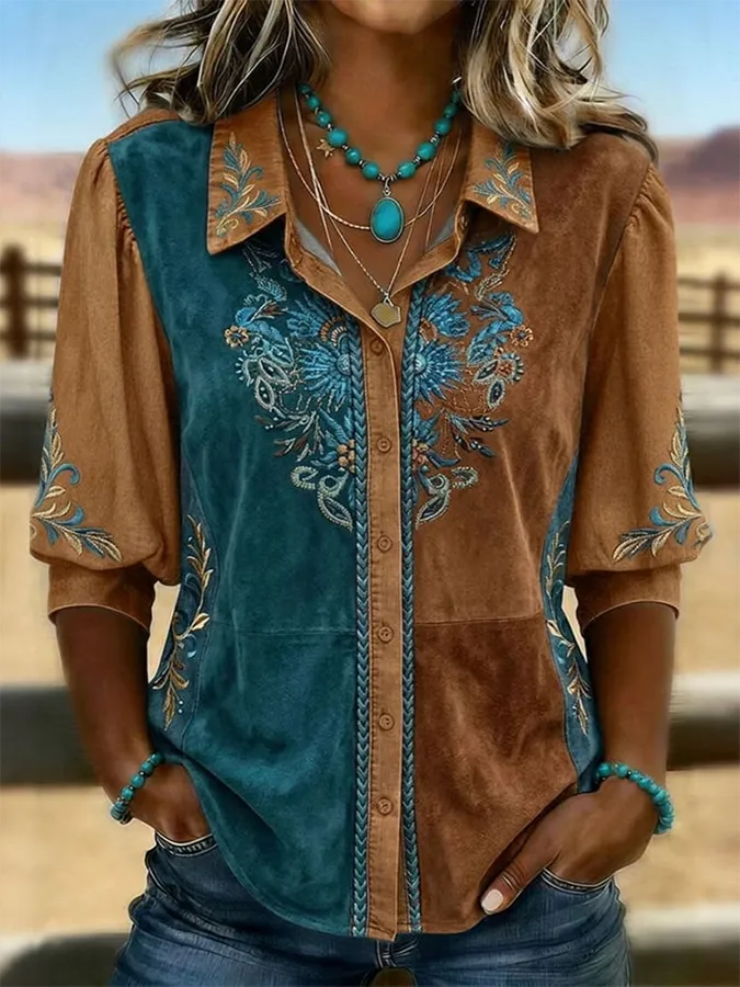 Women'S Vintage Western Art Print Casual Puff Sleeve Denim Shirt