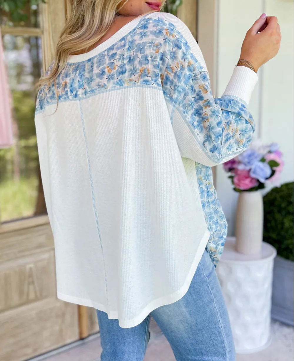 White Abstract Floral Patchwork Batwing Sleeve V Neck Blouse