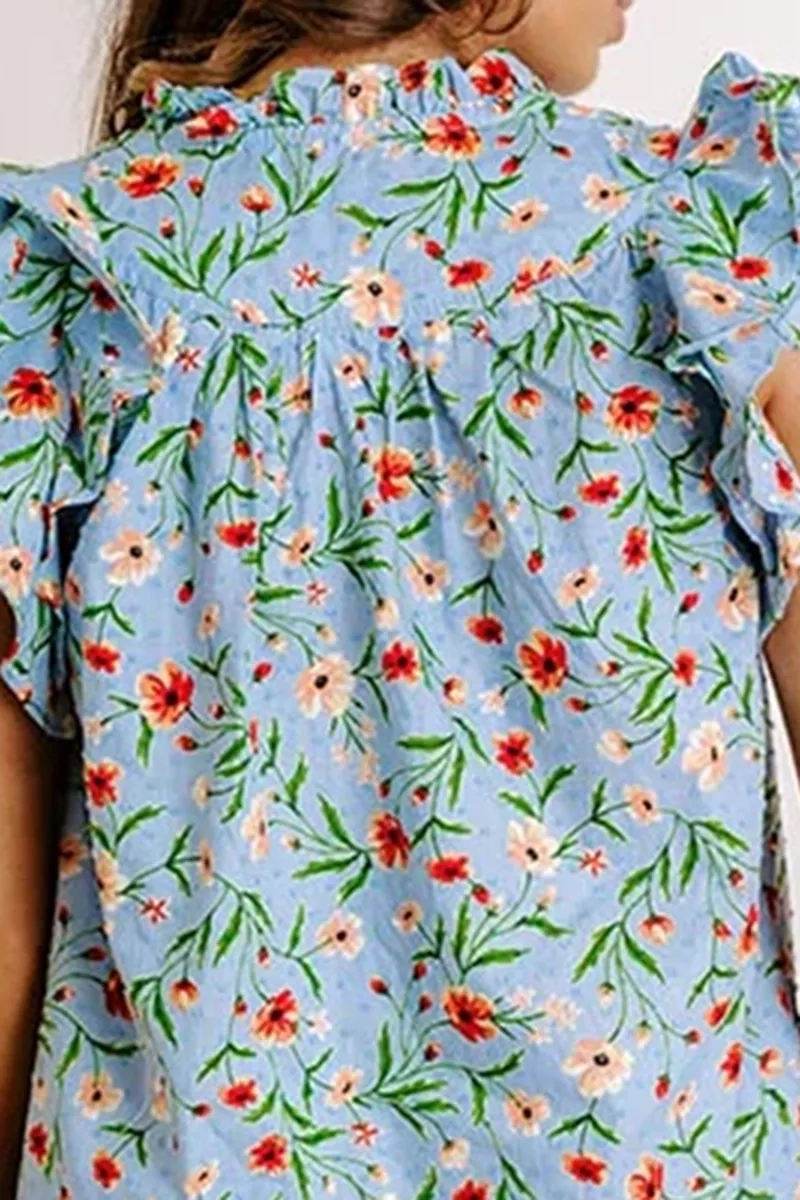 V-Neck Ruffled Cotton Botanical Print Ladies Top