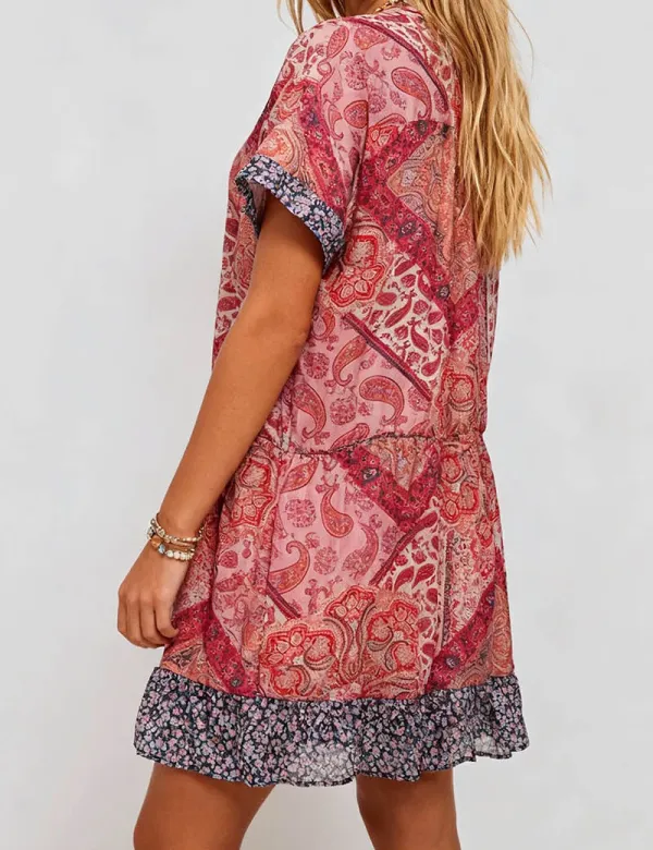 Abstract Print V Neck Mini Dress