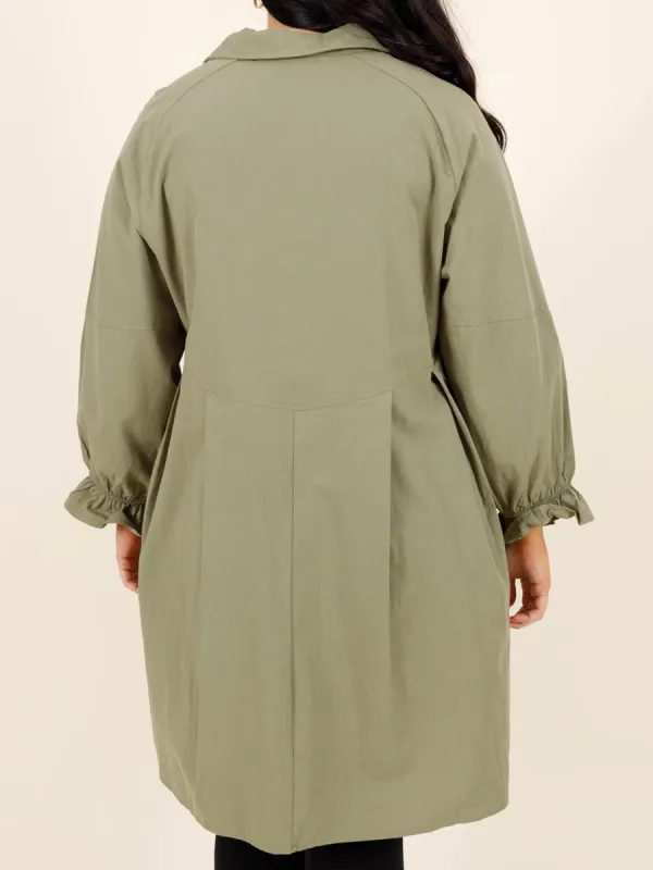 Green Pleated Button Loose Fitting Shirt