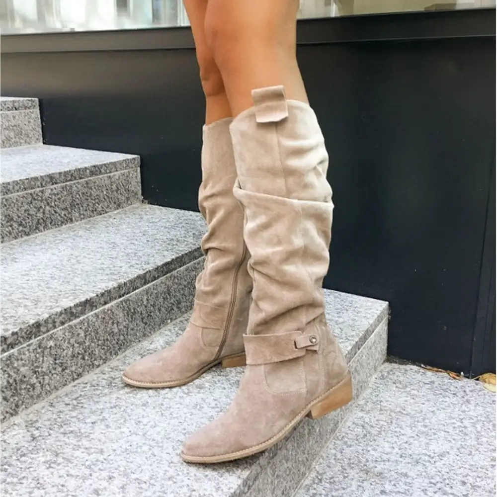 Faux Suede Low-Heel Knee-High Slouch Boots