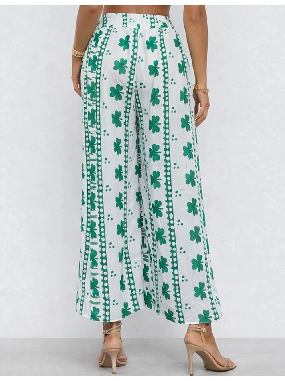 St Patrick Day Clover Elastic Waist Wide Leg Pants