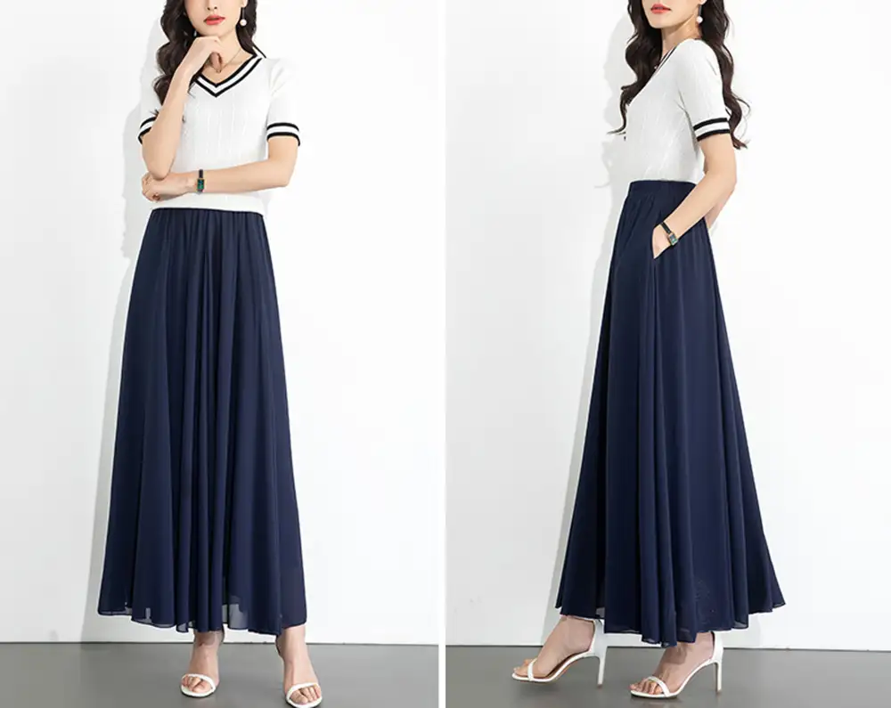 Flowy Elastic Waist Chiffon A Line Maxi Skirt