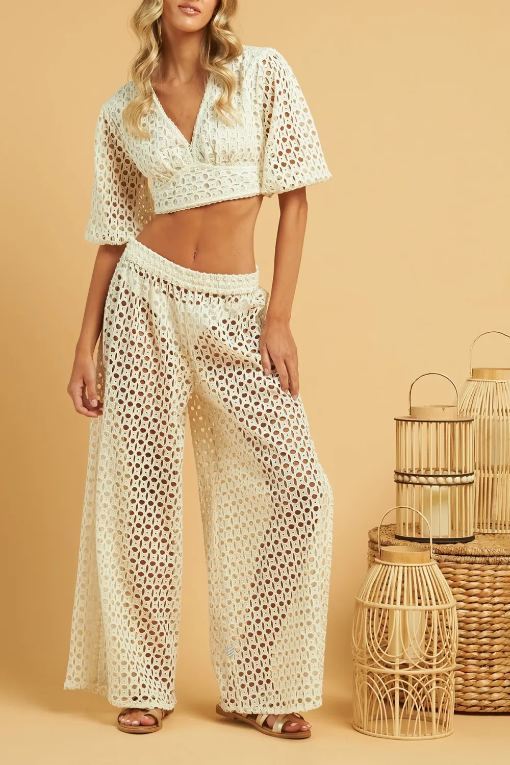 White Crochet Detail V Neck Crop Top