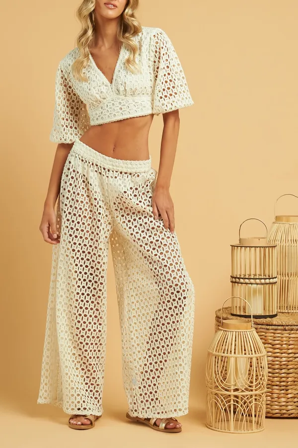 White Crochet Detail V Neck Crop Top