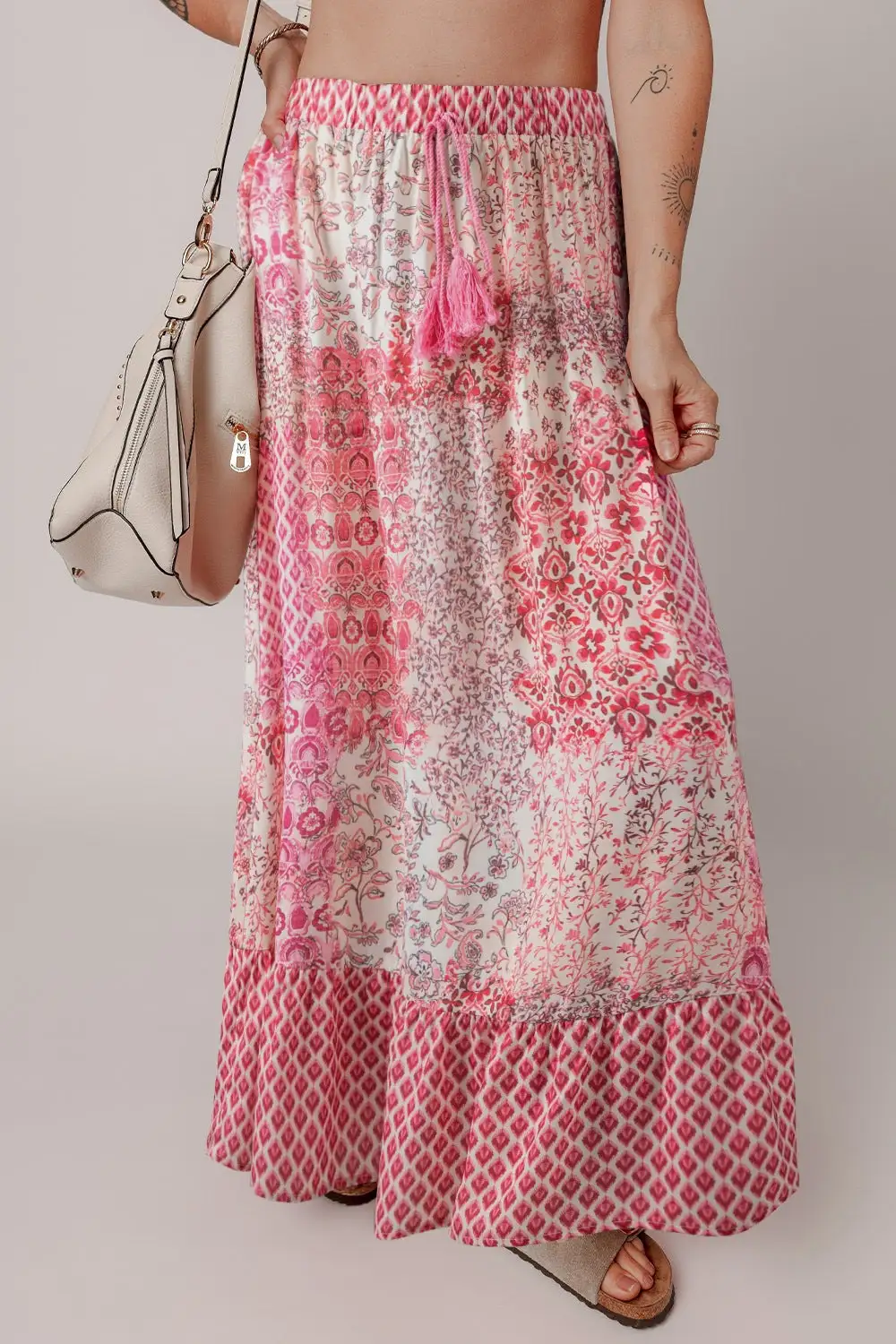 Printed Tassel Drawstring High Skirt
