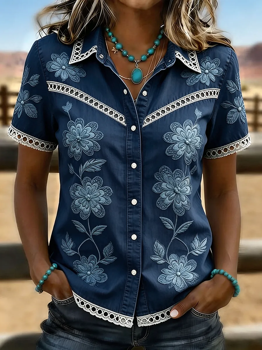 Women's Light Wash Floral Embroidered Lace Trim Western Denim Blouse