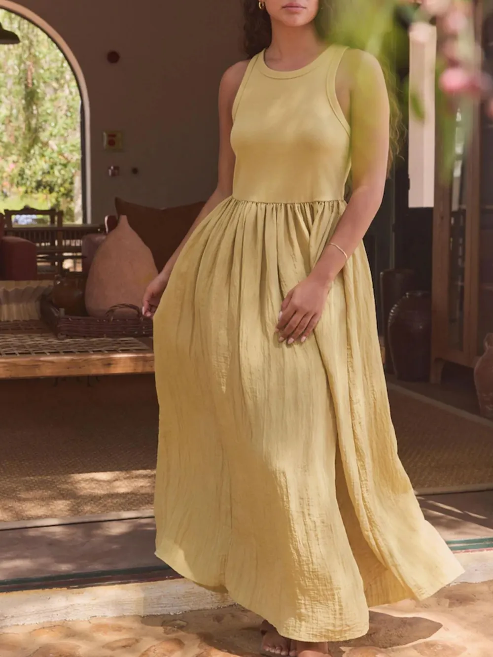 Classic Pure Color High-Waist Blended Dress