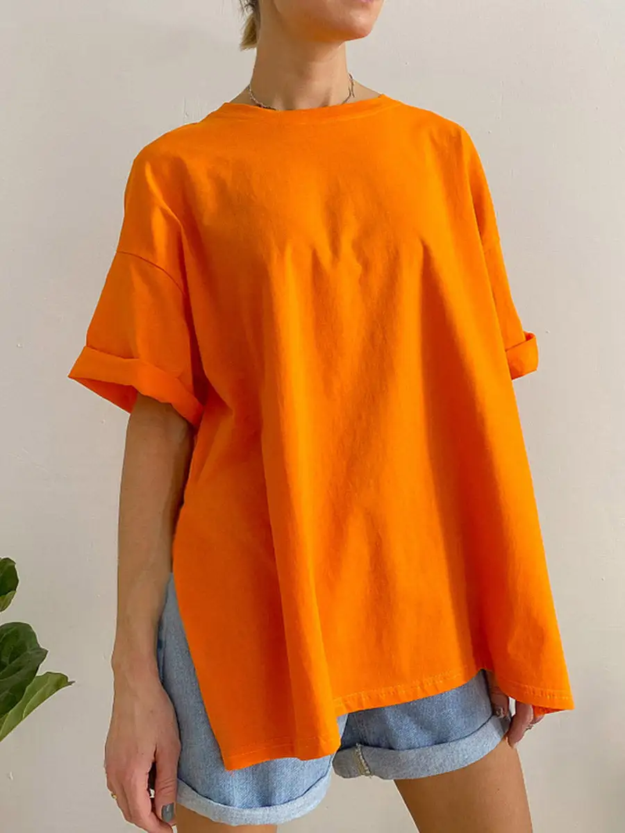 Relaxed Short Sleeve Side Slit Round Neck T-Shirt