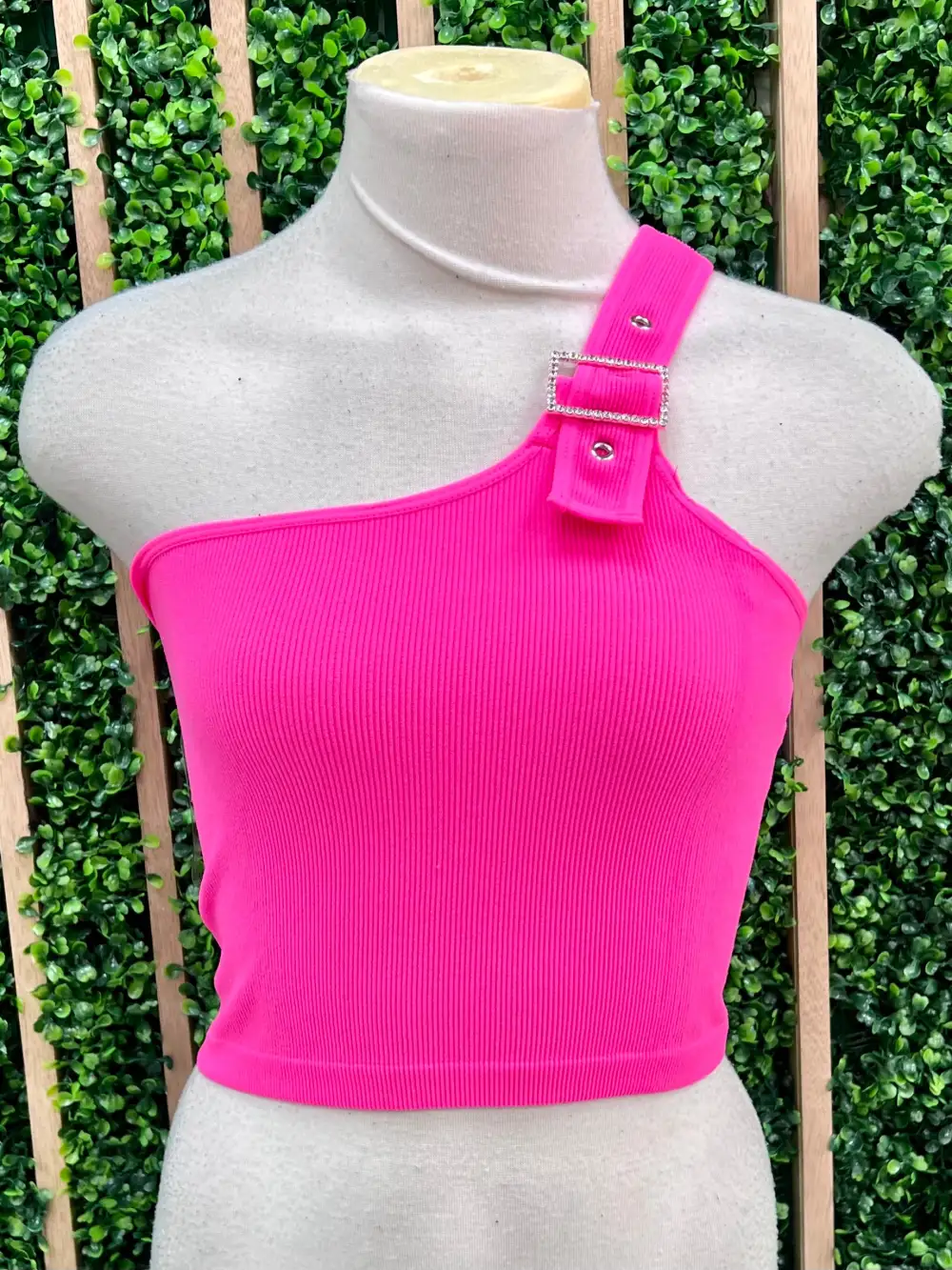 Rhinestone Buckle Asymmetric Shoulder Top