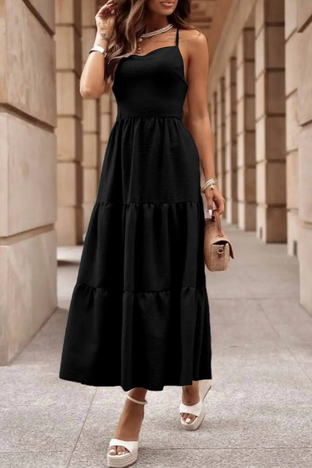 Crossover Backless Bodice Tiered Maxi Dress