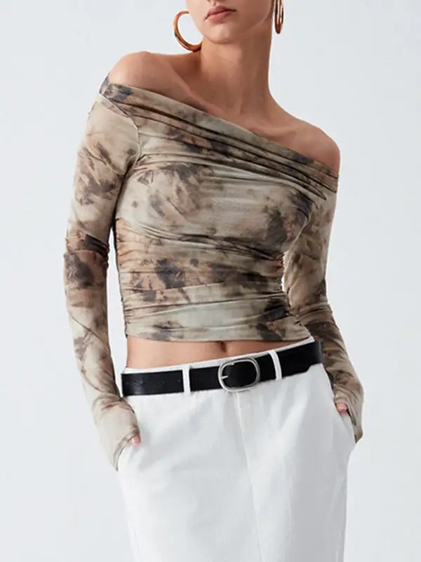 Long Sleeve Slim Fit Pleat Detail Panel Detail Tie Dye Off The Shoulder T-Shirt