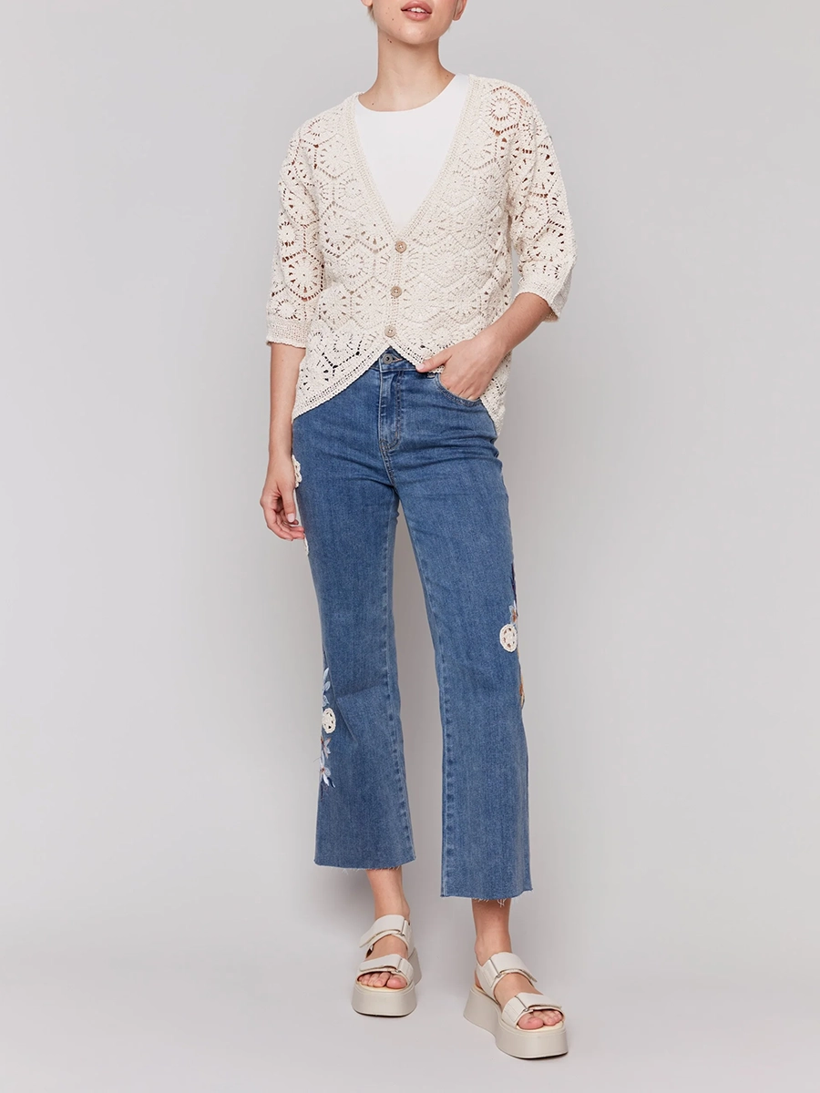 Cropped Embroidered Soft Flared Trousers