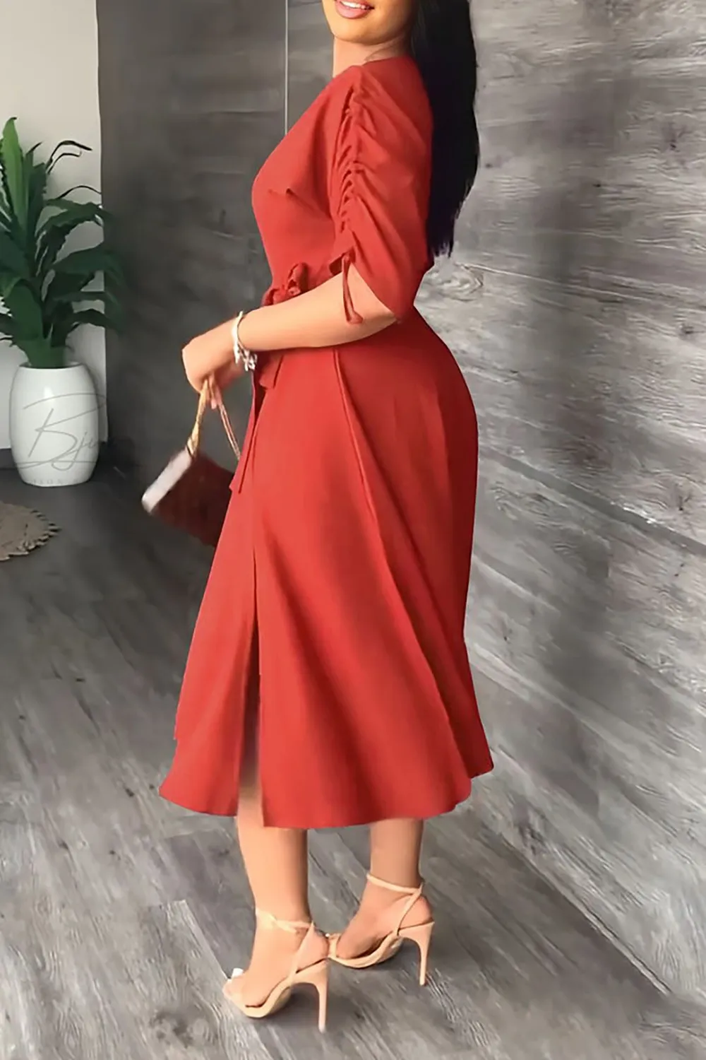Plus Size Black Business Casual Solid Drawstring Oblique Collar Midi Dresses