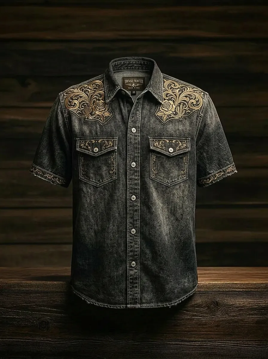 Men's Western Style Floral Filigree Printed Denim Shirt