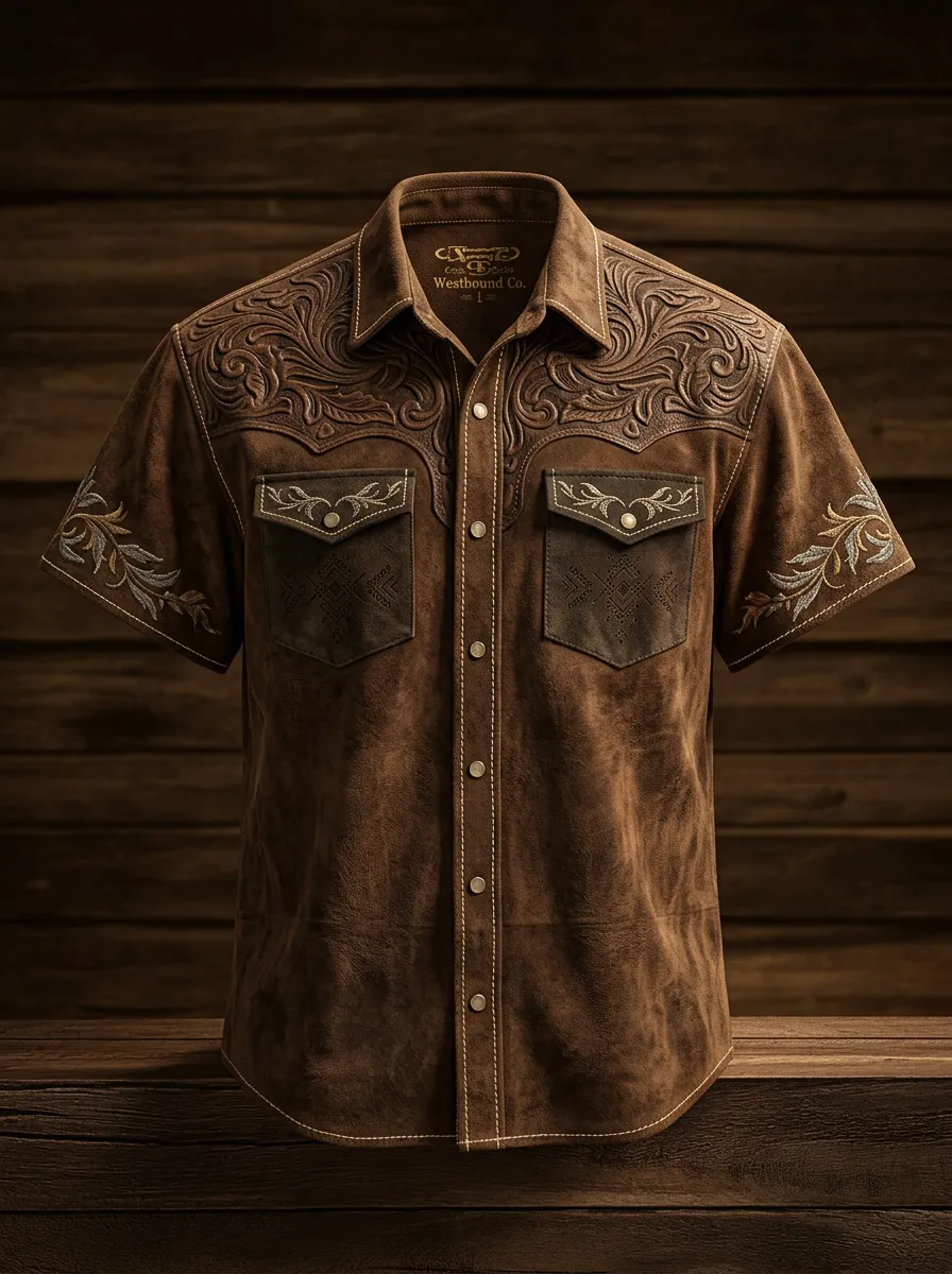 Men's Western Style Floral Embossed Suede Printed Shirt