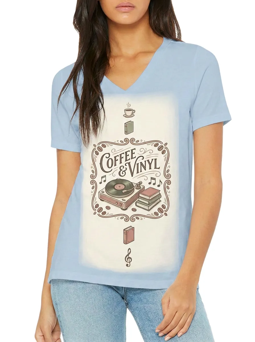 Women's Coffee Vinyl Book Lover Printed V-neck T-shirt