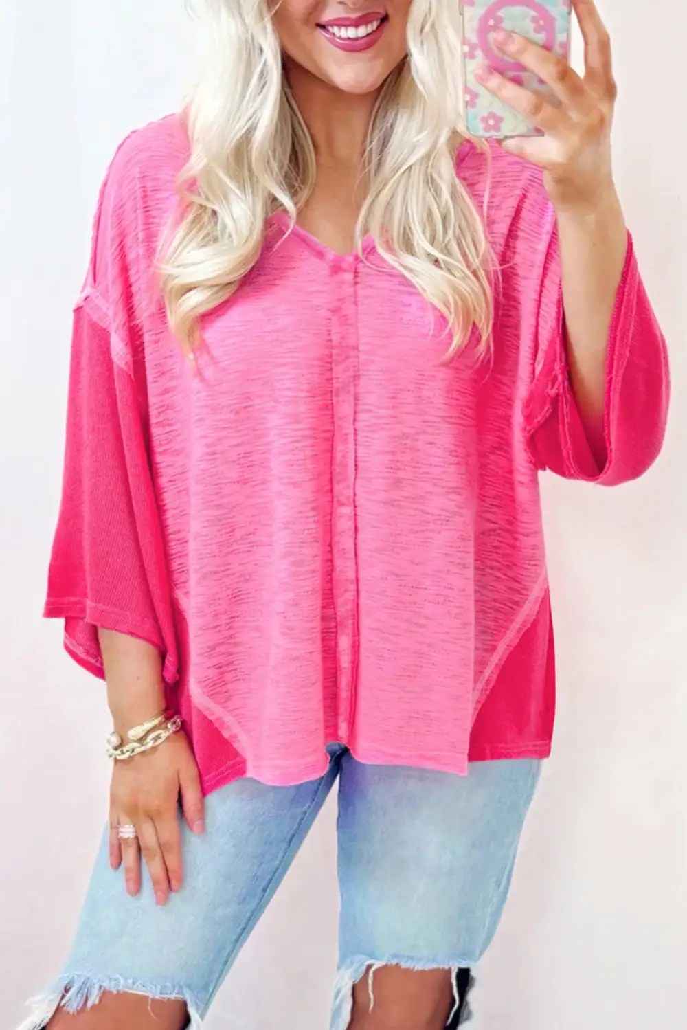 Patchwork V-Neck Relaxed Fit Blouse
