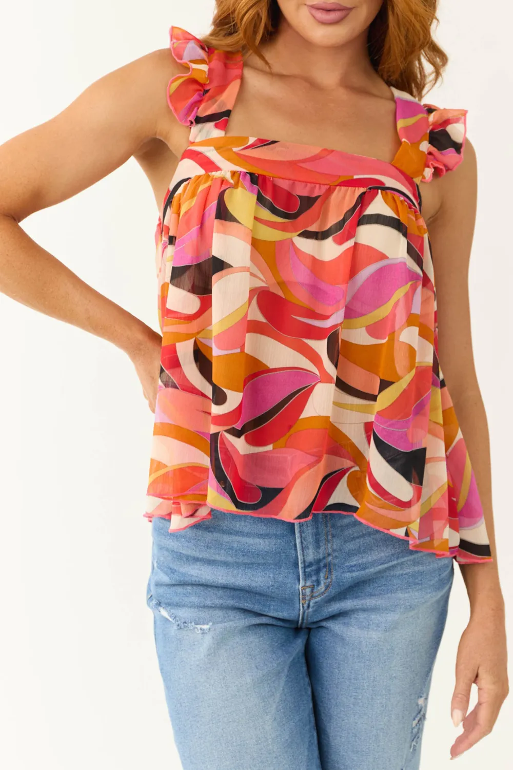 Red Multicolor Abstract Print Babydoll Blouse