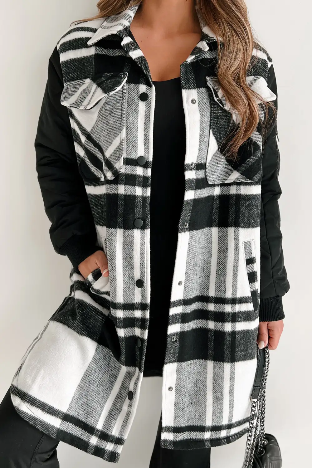 Quilted Sleeve Plaid Coat