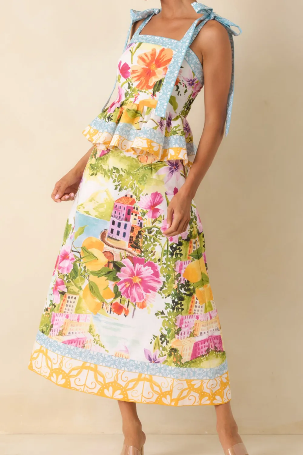 Multi Linen Blend Scenic Coastal Print Midi Skirt