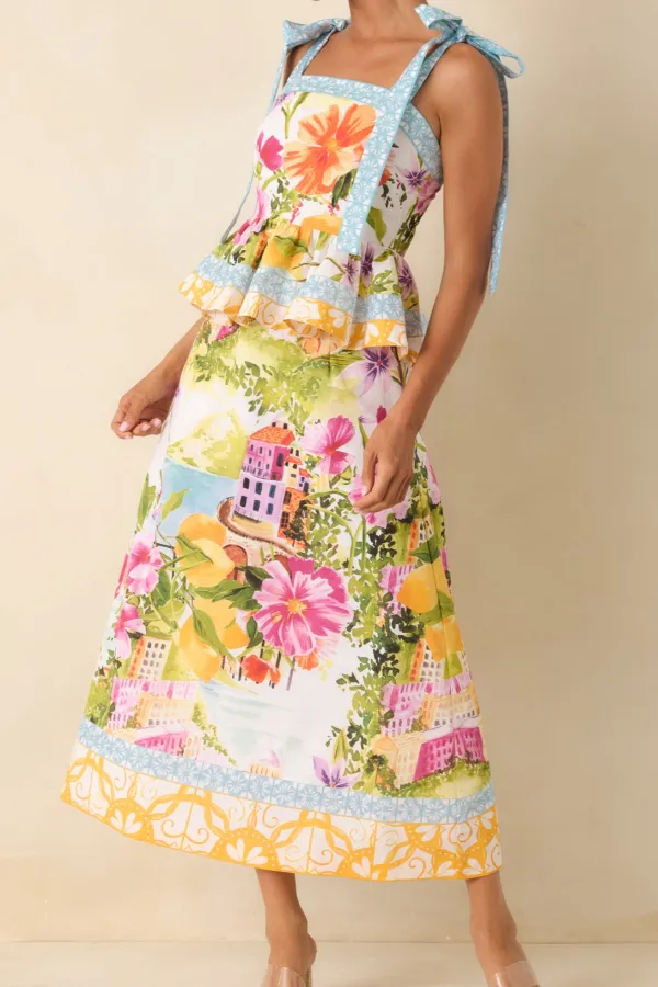 Multi Linen Blend Scenic Coastal Print Midi Skirt