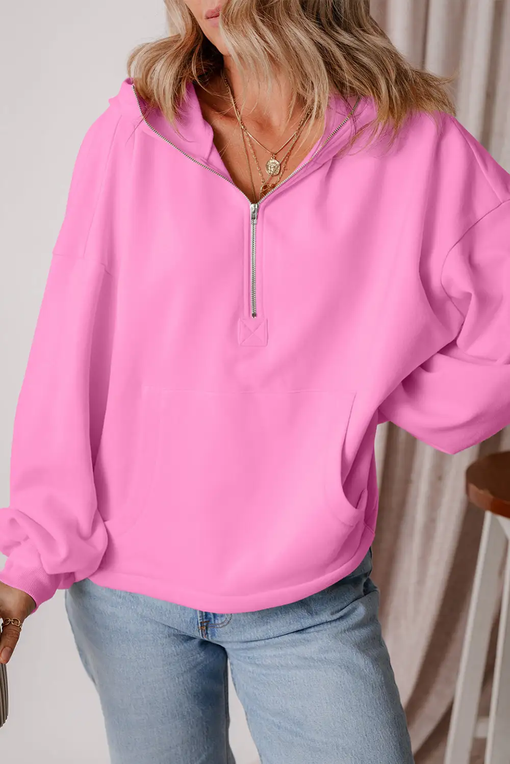 Relaxed Fleece Pocket Detail Zip Detail Hoodie