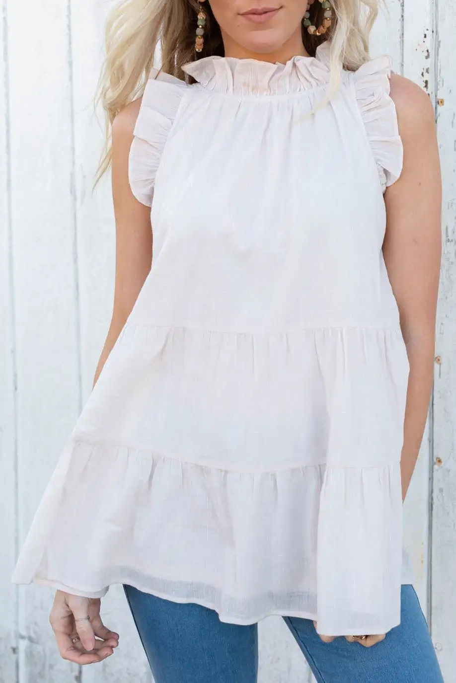 Frilled Collar Sleeveless Knotted Tiered Flowy Tank Top