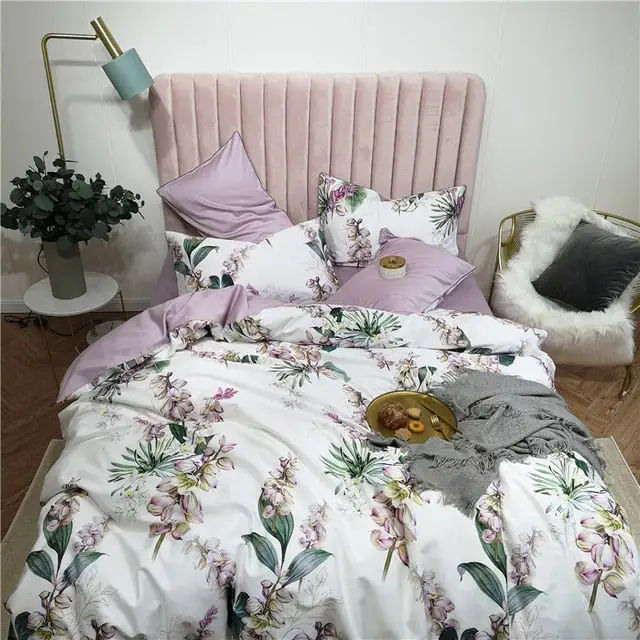 (Store Closing Sale) 6Pcs Luxury Egyptian Cotton Bedding Set Bright Flamingo Leaf Duvet Cover Bed Fitted sheet