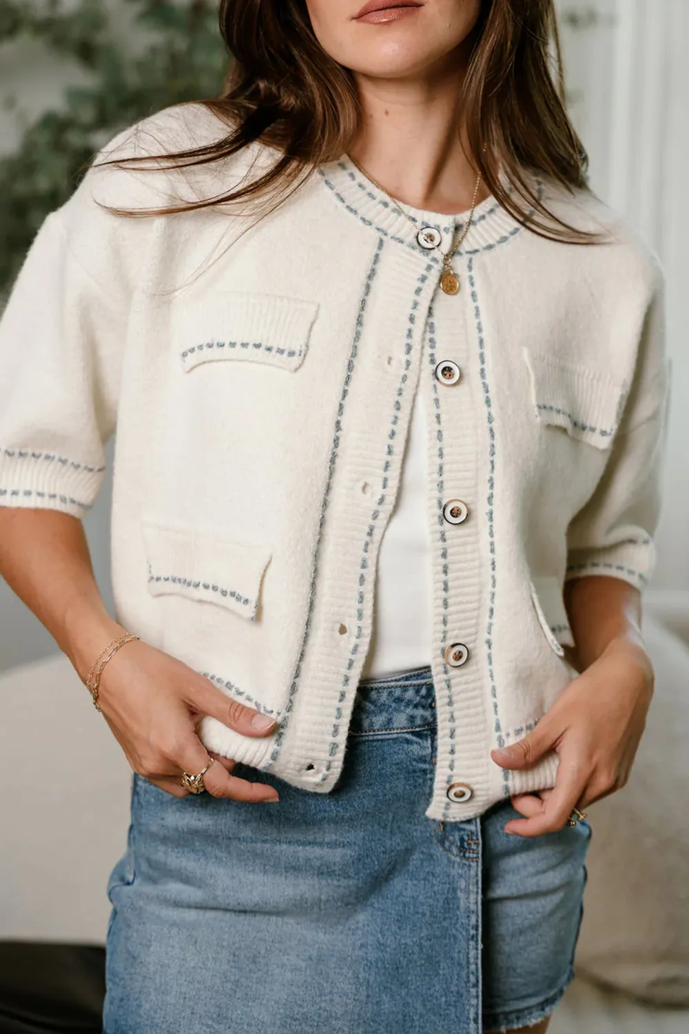 Contrast Color Stitch Button Up Cardigan