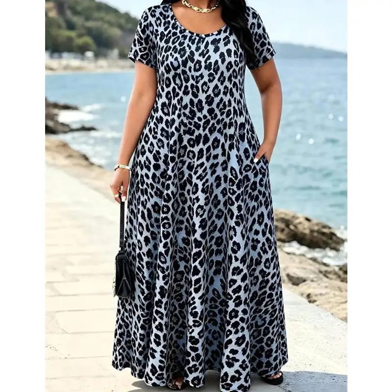 Hot Sale -60% OFF-Women's Leopard Print Maxi Dress with Pockets Casual Short Sleeve Long Dress
