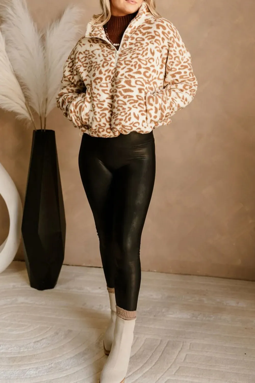 Leopard Quarter Zip-Up Jacket