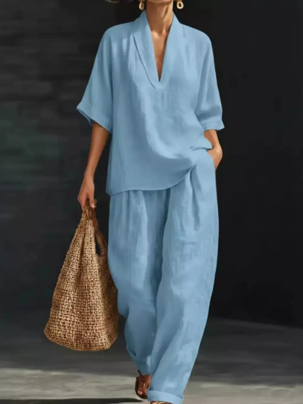 Relaxed Half Sleeve Top and Wide Leg Pants Set