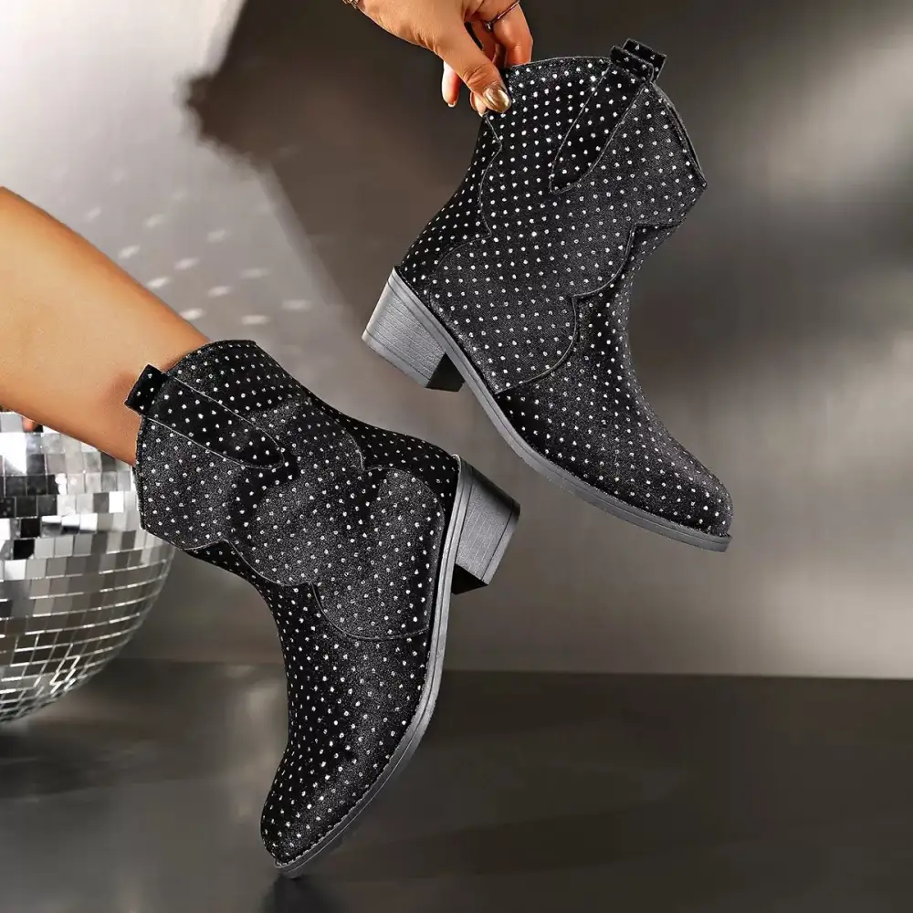 Sparkling Pointed Toe Block Heel Boots