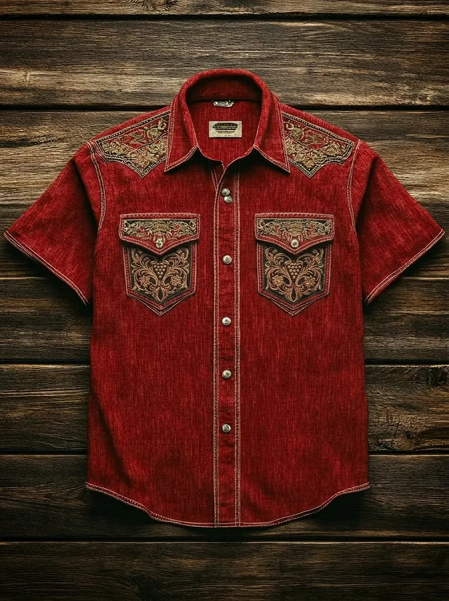 Men's Western Cowboy Floral Embroidery Printed Shirt-3