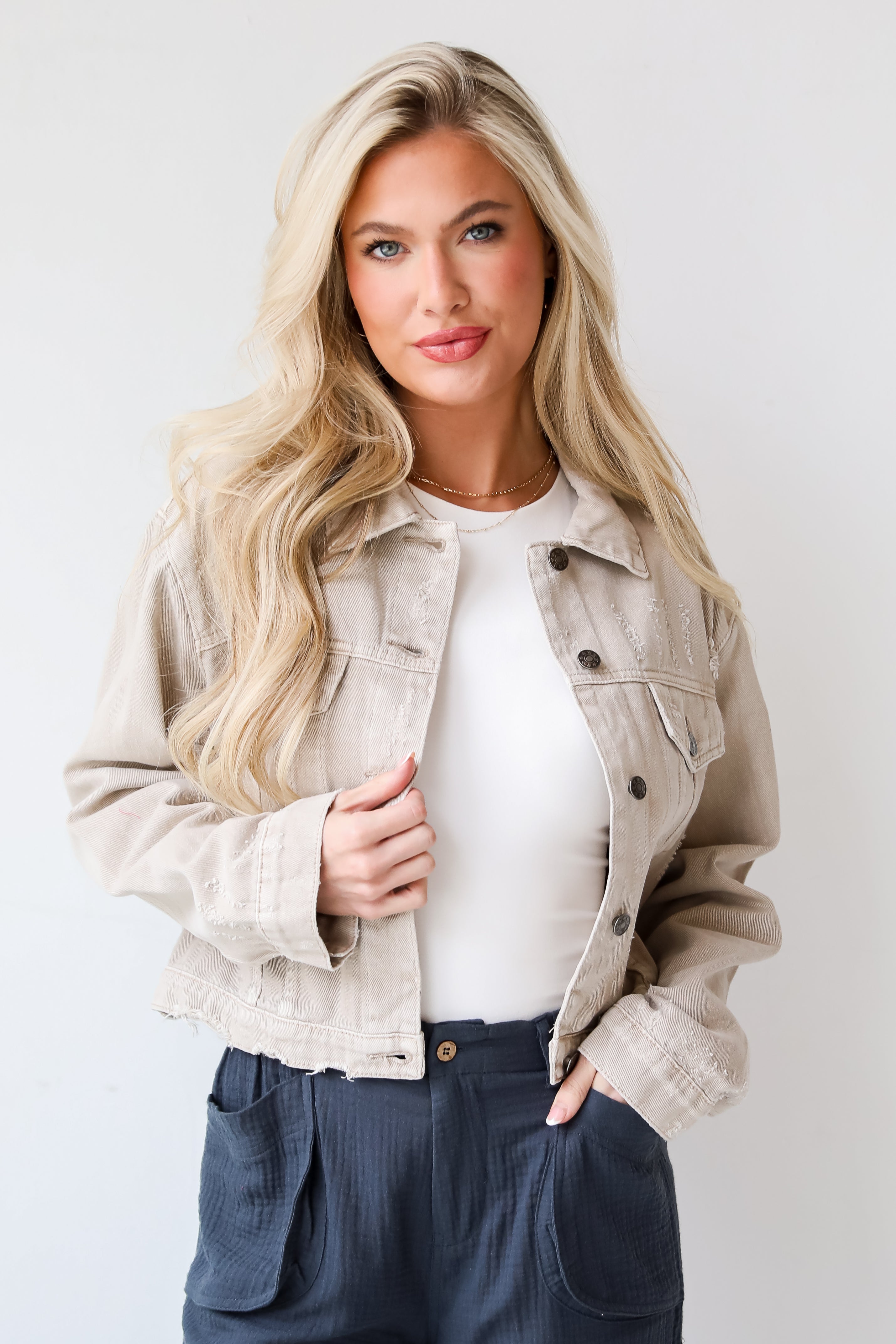 FINAL SALE - Definite Icon Taupe Distressed Cropped Denim Jacket