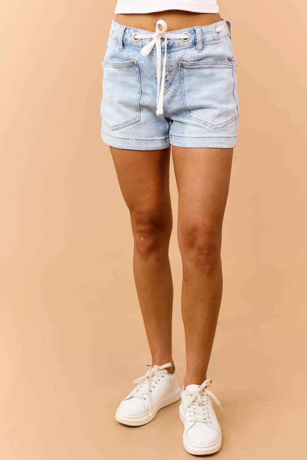 Paisley Print Drawstring Jean Shorts