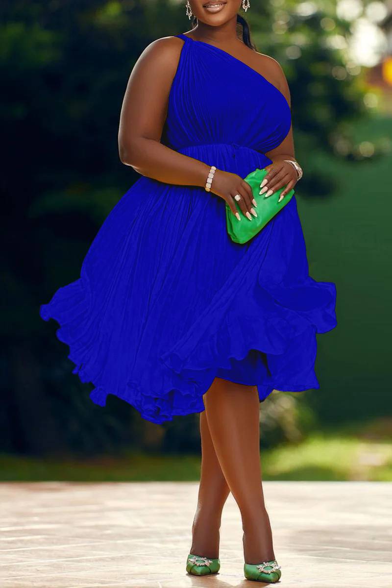 Plus Size Royal Blue Daily One Shoulder Pleated Babydoll Mini Dresses