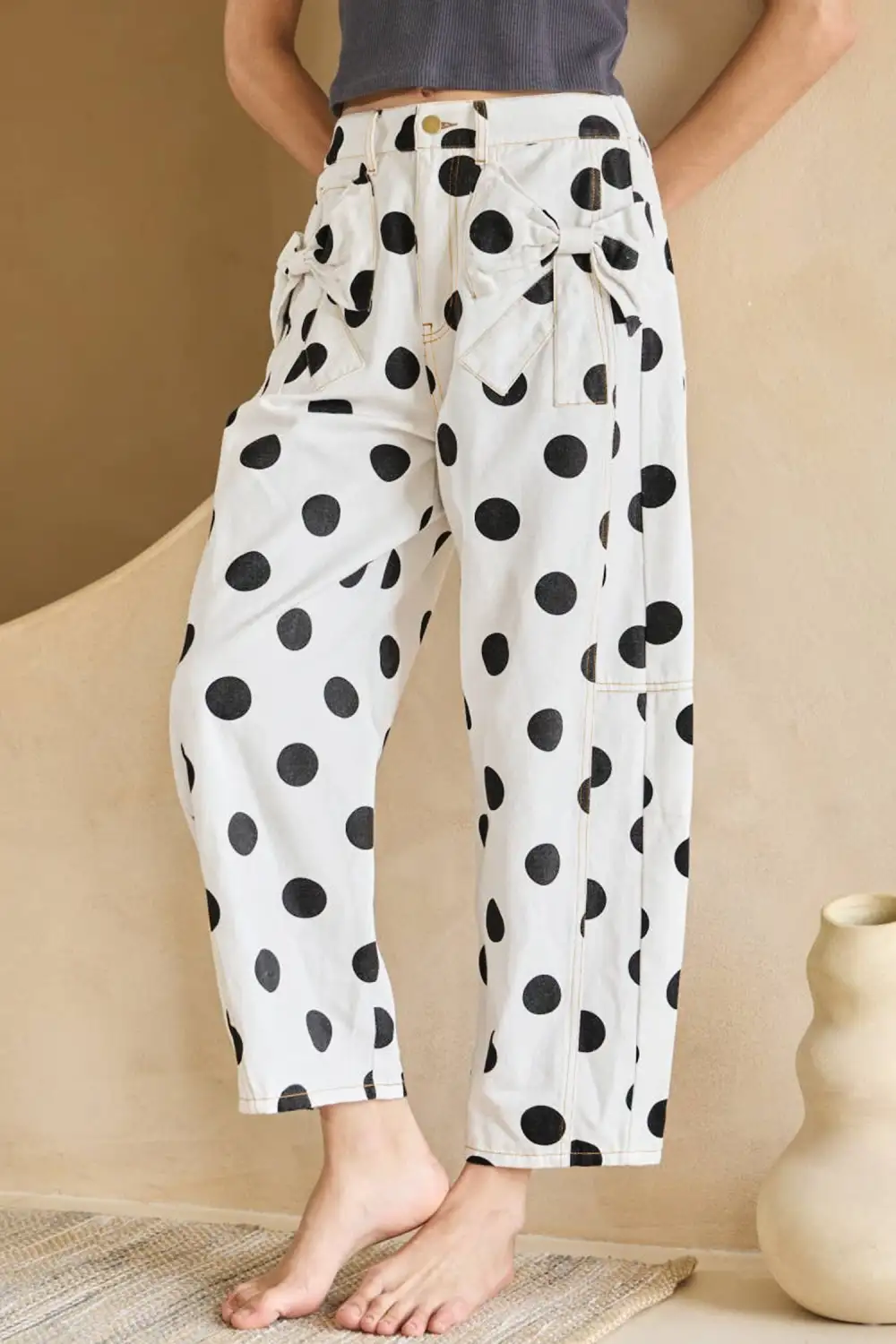 Modern Polka Dot Print Bow Detail Pocketed Jeans