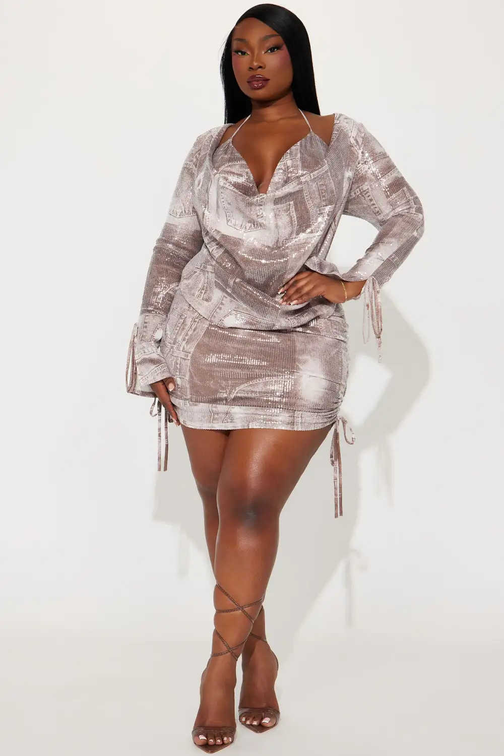 Zoe Sequin Mini Dress Set - Brown