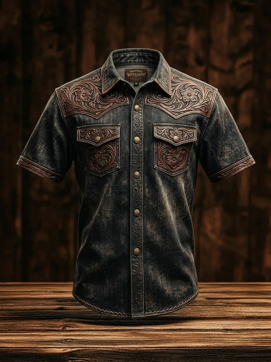 Men's Western Cowboy Floral Tooled Leather Print Shirt